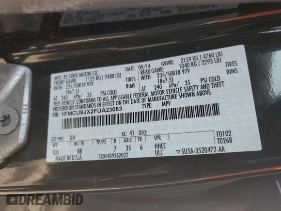 2015 Ford Escape Titanium with VIN 1FMCU9JX2FUA23083, listed as a Copart auction lot 42923325 with 101,960 mi miles and Clean Title. Bid and sale history available at carsss.com. Image 12.