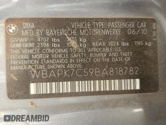 2011 BMW 3 Series 328i xDrive with VIN WBAPK7C59BA818782, listed as a Copart auction lot 68271934 with 152,889 mi miles and Salvage Title. Bid and sale history available at carsss.com. Image 12.