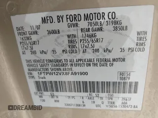 2008 Ford F-150 XLT with VIN 1FTPW12VX8FA91900, listed as a IAAI auction lot 42455455 with 329,039 mi miles and . Bid and sale history available at DreamBid. Image 9.