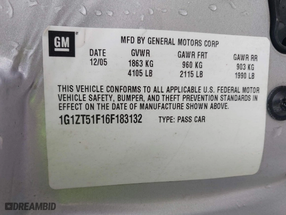 2006 Chevrolet Malibu LT w/0LT with VIN 1G1ZT51F16F183132, listed as a IAAI auction lot 41372024 with 132,885 mi miles. Bid and sale history available at carsss.com. Image 9.