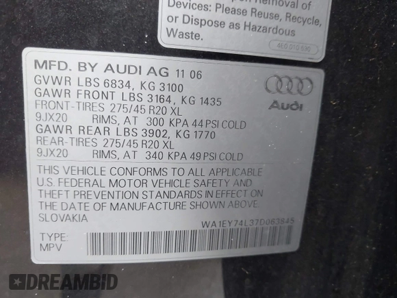 2007 Audi Q7 Premium Plus with VIN WA1EY74L37D063845, listed as a IAAI auction lot 41990769 with Not provided miles and . Bid and sale history available at DreamBid. Image 9.