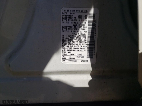 2010 Nissan Murano S with VIN JN8AZ1MU3AW013230, listed as a Copart auction lot 46337655 with 124,269 mi miles and Salvage Title. Bid and sale history available at carsss.com. Image 13.