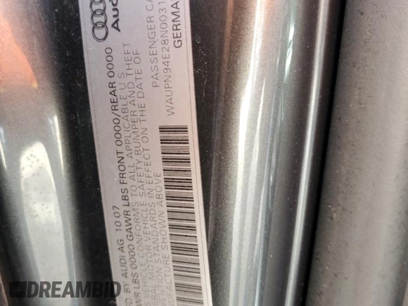 2008 Audi S8 z VIN WAUPN94E28N003150, wystawiony jako Copart lot #78130114 z przebiegiem 126 063 mil mil oraz Szkoda całkowita • Salvage title. Historia ofert i sprzedaży dostępna na DreamBid. Obrazek 13.