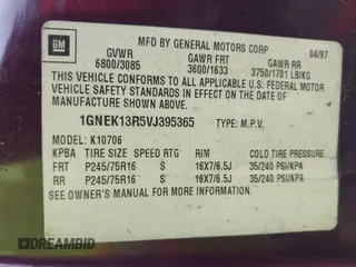 1997 Chevrolet Tahoe z VIN 1GNEK13R5VJ395365, wystawiony jako IAAI lot #42015206 z przebiegiem 121 086 mil mil oraz . Historia ofert i sprzedaży dostępna na DreamBid. Obrazek 9.