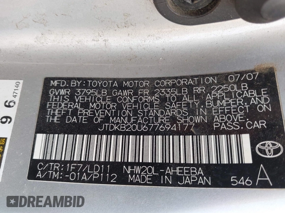 2007 Toyota Prius z VIN JTDKB20U677694177, wystawiony jako IAAI lot #42408658 z przebiegiem 261 175 mil mil oraz . Historia ofert i sprzedaży dostępna na DreamBid. Obrazek 9.