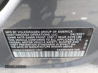 2021 Volkswagen Passat SE with VIN 1VWSA7A39MC011507, listed as a IAAI auction lot 42160879 with 82,639 mi miles and . Bid and sale history available at DreamBid. Image 9.