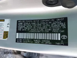 2008 Toyota Prius with VIN JTDKB20U887701258, listed as a IAAI auction lot 41814826 with 123,861 mi miles. Bid and sale history available at carsss.com. Image 9.
