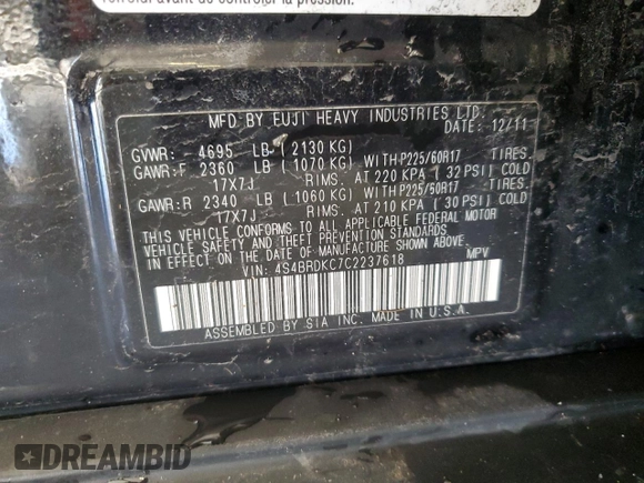 2012 Subaru Outback Limited с VIN 4S4BRDKC7C2237618, выставлен на аукционе Copart как лот 51528855 с пробегом 163 786 миль миль и На запчасти • Non repairable. История ставок и продаж доступна на DreamBid. Изображение 13.