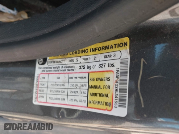 2017 Ford Focus SE with VIN 1FADP3F22HL341553, listed as a IAAI auction lot 42305588 with 165,016 mi miles and . Bid and sale history available at DreamBid. Image 9.