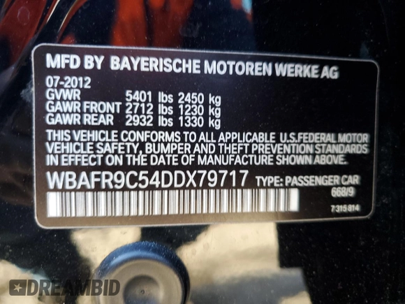 2013 BMW 5 Series 550i with VIN WBAFR9C54DDX79717, listed as a Copart auction lot 84827264 with Not Provided miles and Salvage Title. Bid and sale history available at carsss.com. Image 12.