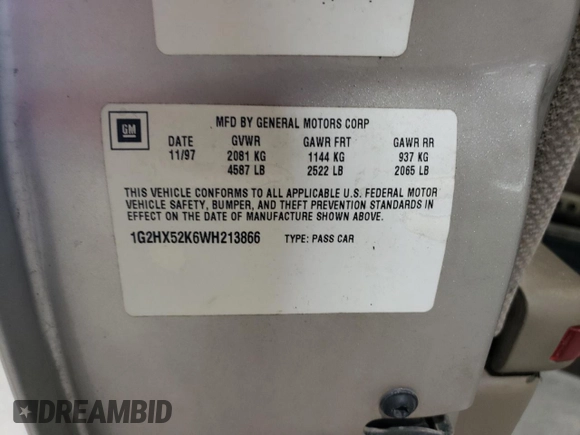 1998 Pontiac Bonneville SE z VIN 1G2HX52K6WH213866, wystawiony jako Copart lot #58358105 z przebiegiem 180 993 mil mil oraz Szkoda całkowita • Salvage title. Historia ofert i sprzedaży dostępna na DreamBid. Obrazek 12.