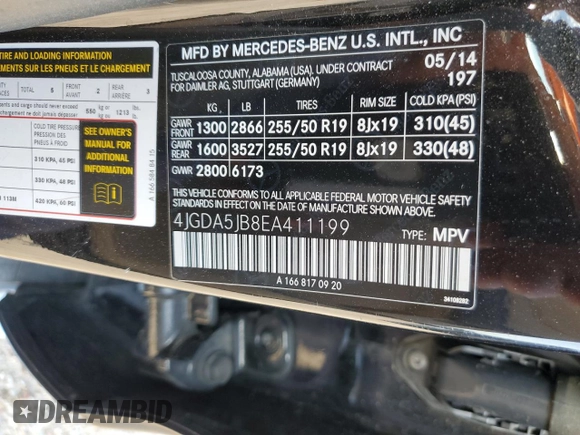 2014 Mercedes-Benz M 350 with VIN 4JGDA5JB8EA411199, listed as a Copart auction lot 55778065 with 112,674 mi miles and Salvage Title. Bid and sale history available at DreamBid. Image 13.