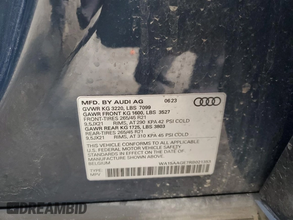 2024 Audi Q8 e-tron Premium Plus z VIN WA15AAGE7RB021353, wystawiony jako Copart lot #72987414 z przebiegiem 13 360 mil mil oraz Szkoda całkowita • Salvage title. Historia ofert i sprzedaży dostępna na DreamBid. Obrazek 14.