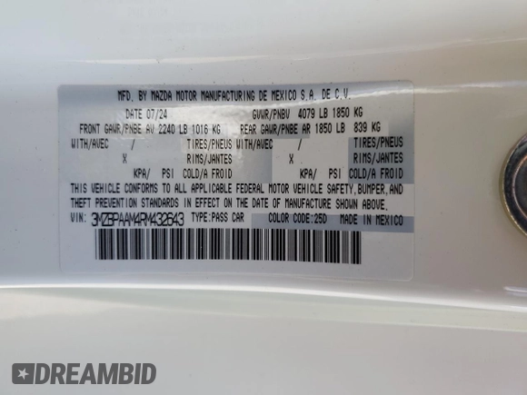 2024 Mazda 3 S with VIN 3MZBPAAM4RM432643, listed as a Copart auction lot 73061674 with 302 mi miles and Salvage Title. Bid and sale history available at DreamBid. Image 15.