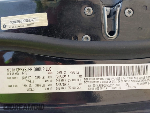 2012 Jeep Patriot Sport with VIN 1C4NJRBB7CD513197, listed as a IAAI auction lot 42408934 with 145,943 mi miles and . Bid and sale history available at DreamBid. Image 9.