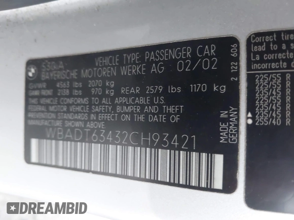 2002 BMW 5 Series 530iA with VIN WBADT63432CH93421, listed as a IAAI auction lot 42046776 with Not Provided miles. Bid and sale history available at carsss.com. Image 9.