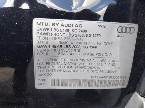 2021 Audi Q5 Premium with VIN WA1AAAFY0M2004865, listed as a IAAI auction lot 41935666 with 1 mi miles. Bid and sale history available at carsss.com. Image 9.
