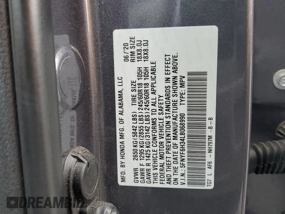 2020 Honda Pilot EX z VIN 5FNYF6H34LB068990, wystawiony jako Copart lot #51926445 z przebiegiem 43 918 mil mil oraz Szkoda całkowita • Salvage title. Historia ofert i sprzedaży dostępna na DreamBid. Obrazek 14.