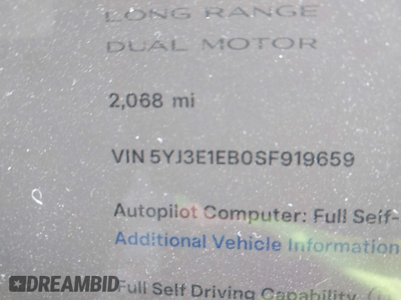 2025 Tesla Model 3 Long Range z VIN 5YJ3E1EB0SF919659, wystawiony jako IAAI lot #42128333 z przebiegiem 2 068 mil mil oraz . Historia ofert i sprzedaży dostępna na DreamBid. Obrazek 14.