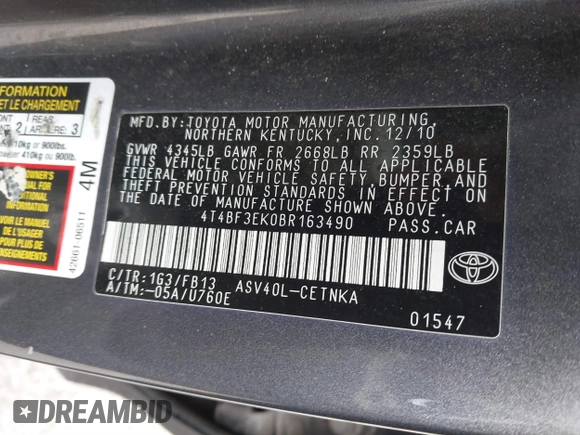 2011 Toyota Camry LE with VIN 4T4BF3EK0BR163490, listed as a IAAI auction lot 41535073 with 221,253 mi miles. Bid and sale history available at carsss.com. Image 9.