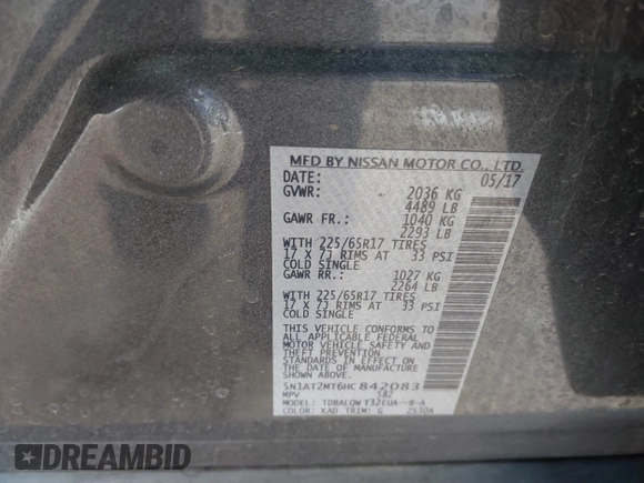 2017 Nissan Rogue SV with VIN 5N1AT2MT6HC842083, listed as a IAAI auction lot 41260224 with 64,013 mi miles. Bid and sale history available at carsss.com. Image 9.