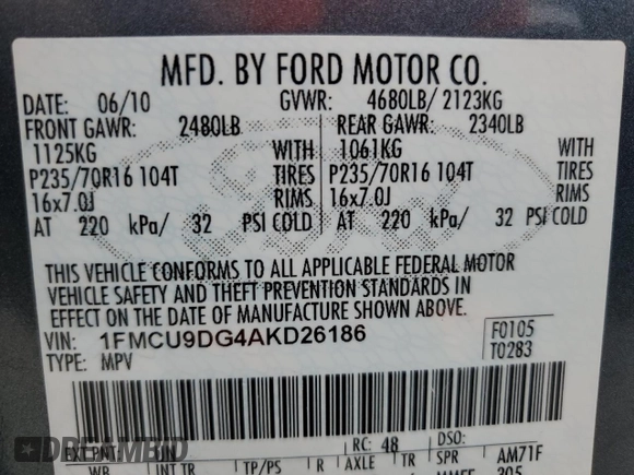 2010 Ford Escape XLT с VIN 1FMCU9DG4AKD26186, выставлен на аукционе Copart как лот 58501975 с пробегом 156 470 миль миль и Чистый • Clean title. История ставок и продаж доступна на DreamBid. Изображение 14.