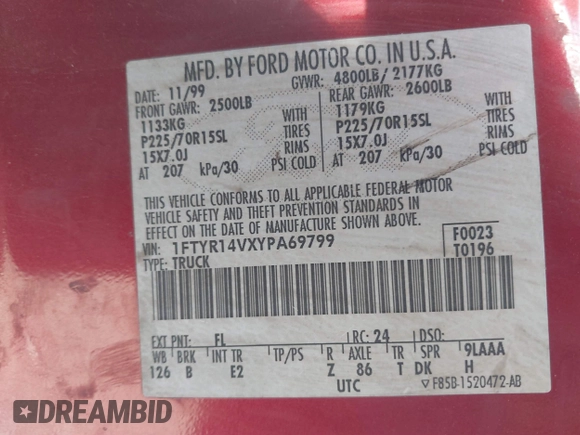 2000 Ford Ranger XL z VIN 1FTYR14VXYPA69799, wystawiony jako IAAI lot #41832287 z przebiegiem 182 397 mil mil oraz . Historia ofert i sprzedaży dostępna na DreamBid. Obrazek 9.