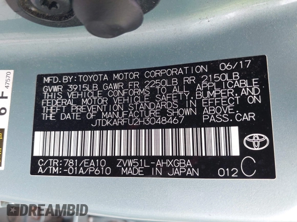 2017 Toyota Prius Two with VIN JTDKARFU2H3048467, listed as a IAAI auction lot 42509950 with 69,322 mi miles and . Bid and sale history available at DreamBid. Image 9.