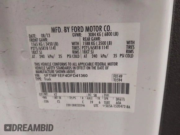 2013 Ford F-150 XL with VIN 1FTMF1EF4DFD41360, listed as a IAAI auction lot 41069794 with 159,097 mi miles and . Bid and sale history available at DreamBid. Image 9.