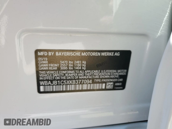 2019 BMW 5 Series 530e xDrive with VIN WBAJB1C5XKB377094, listed as a Copart auction lot 49153035 with 53,370 mi miles and Clean title. Bid and sale history available at DreamBid. Image 12.