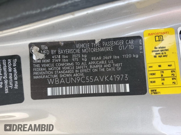 2010 BMW 1 Series 135i with VIN WBAUN9C55AVK41973, listed as a Copart auction lot 54609015 with 144,685 mi miles and Salvage Title. Bid and sale history available at carsss.com. Image 12.