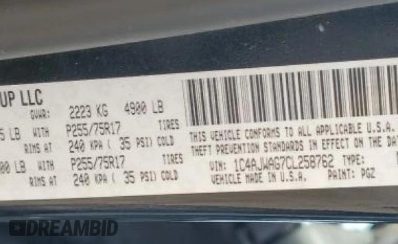 2012 Jeep Wrangler Sport with VIN 1C4AJWAG7CL258762, listed as a Copart auction lot 45012874 with Not provided miles and Non repairable. Bid and sale history available at DreamBid. Image 12.