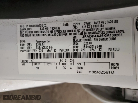 2019 Ford Fiesta S with VIN 3FADP4AJ6KM139261, listed as a Copart auction lot 54833415 with 74,111 mi miles and Non repairable. Bid and sale history available at DreamBid. Image 13.