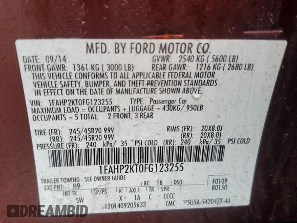 2015 Ford Taurus SHO with VIN 1FAHP2KT0FG123255, listed as a Copart auction lot 51887725 with 152,873 mi miles and Salvage Title. Bid and sale history available at DreamBid. Image 13.
