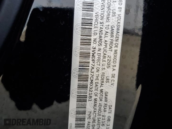2012 Volkswagen Jetta SE with VIN 3VWDP7AJ7CM032181, listed as a Copart auction lot 64880785 with 179,284 mi miles and Clean title. Bid and sale history available at DreamBid. Image 12.