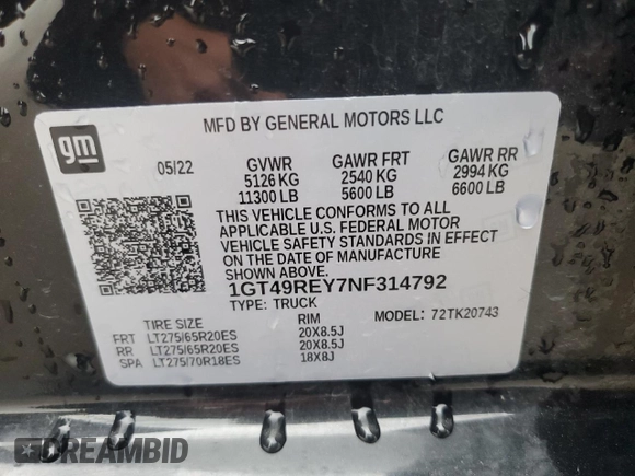 2022 GMC Sierra 2500HD Denali z VIN 1GT49REY7NF314792, wystawiony jako Copart lot #55963455 z przebiegiem 114 853 mil mil oraz Szkoda całkowita • Salvage title. Historia ofert i sprzedaży dostępna na DreamBid. Obrazek 13.