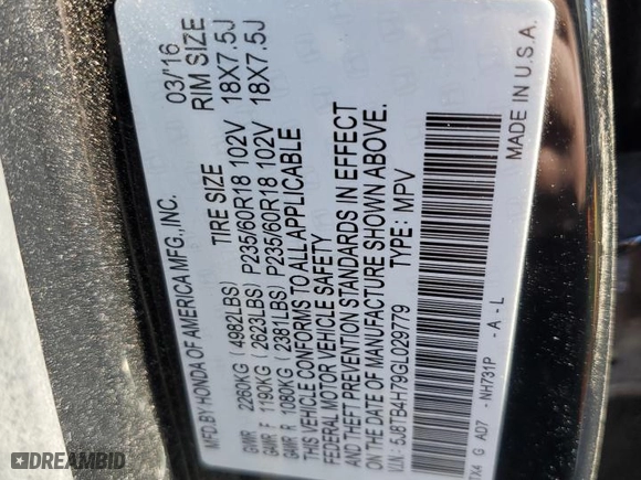 2016 Acura RDX Advance Pkg with VIN 5J8TB4H79GL029779, listed as a Copart auction lot 86837504 with 120,712 mi miles and Salvage Title. Bid and sale history available at carsss.com. Image 13.