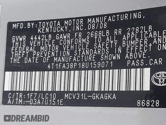 2008 Toyota Solara SE with VIN 4T1FA38P18U159071, listed as a IAAI auction lot 41156991 with 99,516 mi miles and . Bid and sale history available at DreamBid. Image 9.