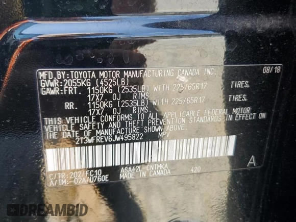 2018 Toyota RAV4 XLE with VIN 2T3WFREV6JW495822, listed as a Copart auction lot 62555325 with 88,808 mi miles and Salvage title. Bid and sale history available at DreamBid. Image 12.