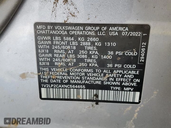 2022 Volkswagen Atlas SE with VIN 1V2LP2CAXNC564655, listed as a Copart auction lot 87390464 with 74,201 mi miles and Salvage title. Bid and sale history available at DreamBid. Image 13.