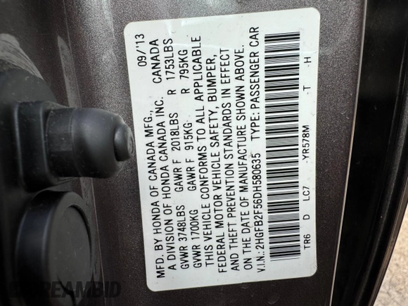 2013 Honda Civic LX with VIN 2HGFB2F56DH580635, listed as a Copart auction lot 59055755 with 52,186 mi miles and Clean title. Bid and sale history available at DreamBid. Image 10.