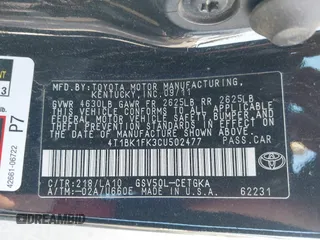 2012 Toyota Camry SE with VIN 4T1BK1FK3CU502477, listed as a IAAI auction lot 40921665 with 1 mi miles. Bid and sale history available at carsss.com. Image 9.