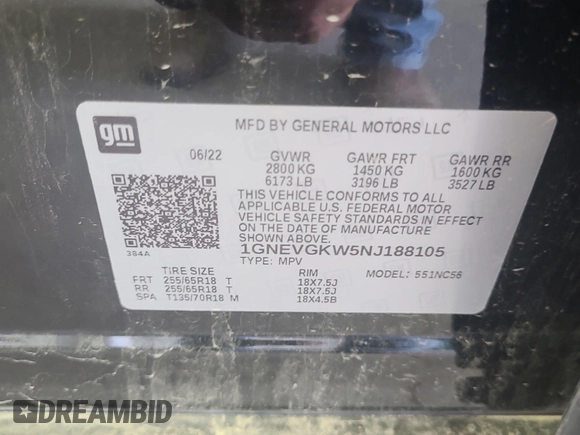 2022 Chevrolet Traverse LT Cloth with VIN 1GNEVGKW5NJ188105, listed as a IAAI auction lot 42774210 with 128,879 mi miles and . Bid and sale history available at DreamBid. Image 40.