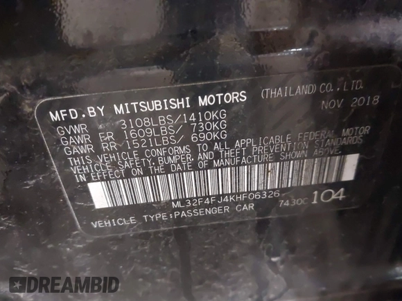 2019 Mitsubishi Mirage SE z VIN ML32F4FJ4KHF06326, wystawiony jako IAAI lot #41881755 z przebiegiem Nie podano mil oraz . Historia ofert i sprzedaży dostępna na DreamBid. Obrazek 9.
