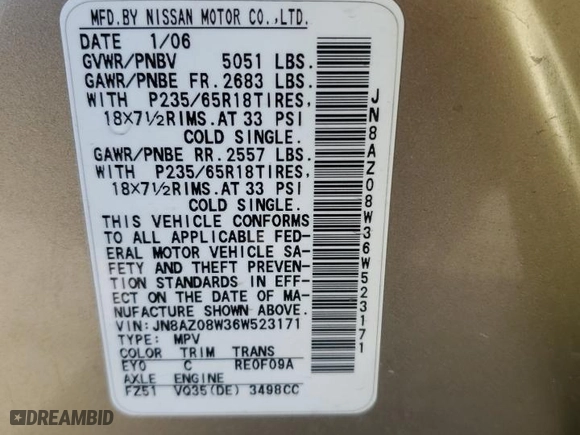 2006 Nissan Murano SE with VIN JN8AZ08W36W523171, listed as a Copart auction lot 78534054 with 152,054 mi miles and Salvage Title. Bid and sale history available at carsss.com. Image 14.