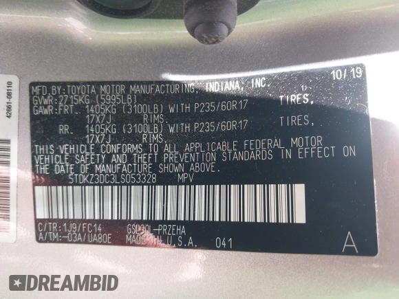 2020 Toyota Sienna LE Auto Access Seat с VIN 5TDKZ3DC3LS053328, выставлен на аукционе IAAI как лот 42184135 с пробегом 65 300 миль миль и . История ставок и продаж доступна на DreamBid. Изображение 9.