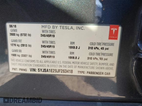 2018 Tesla Model S 75D with VIN 5YJSA1E29JF263418, listed as a IAAI auction lot 41682037 with 84,764 mi miles and . Bid and sale history available at DreamBid. Image 9.