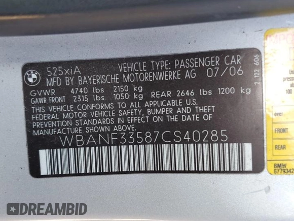 2007 BMW 5 Series 525xi with VIN WBANF33587CS40285, listed as a Copart auction lot 86174804 with 174,769 mi miles and Clean title. Bid and sale history available at DreamBid. Image 12.