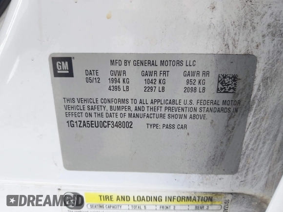 2012 Chevrolet Malibu 1FL with VIN 1G1ZA5EU0CF348002, listed as a IAAI auction lot 41992915 with 143,264 mi miles and . Bid and sale history available at DreamBid. Image 9.