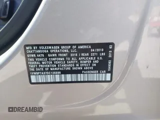 2013 Volkswagen Passat SE w/Sunroof & Nav with VIN 1VWBP7A37DC125598, listed as a IAAI auction lot 42022573 with 149,812 mi miles. Bid and sale history available at carsss.com. Image 9.